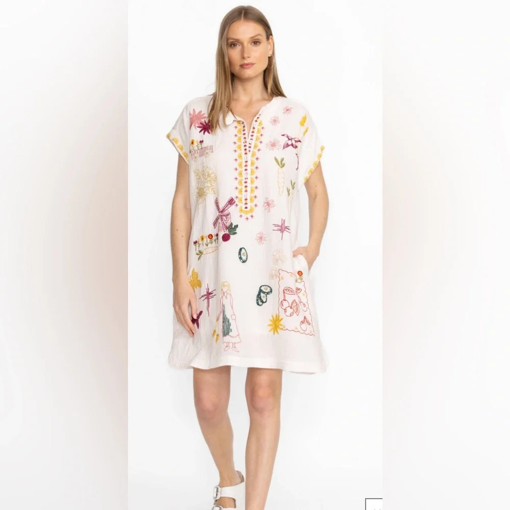 Johnny Was Elektra Women's Embroidered Linen Mini Dress White Multi Size L